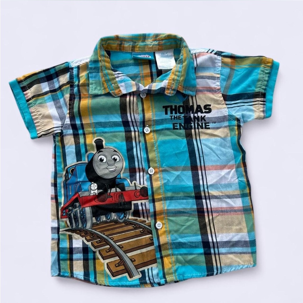 Thomas the Tank Engine blue plaid short sleeve button up shirt